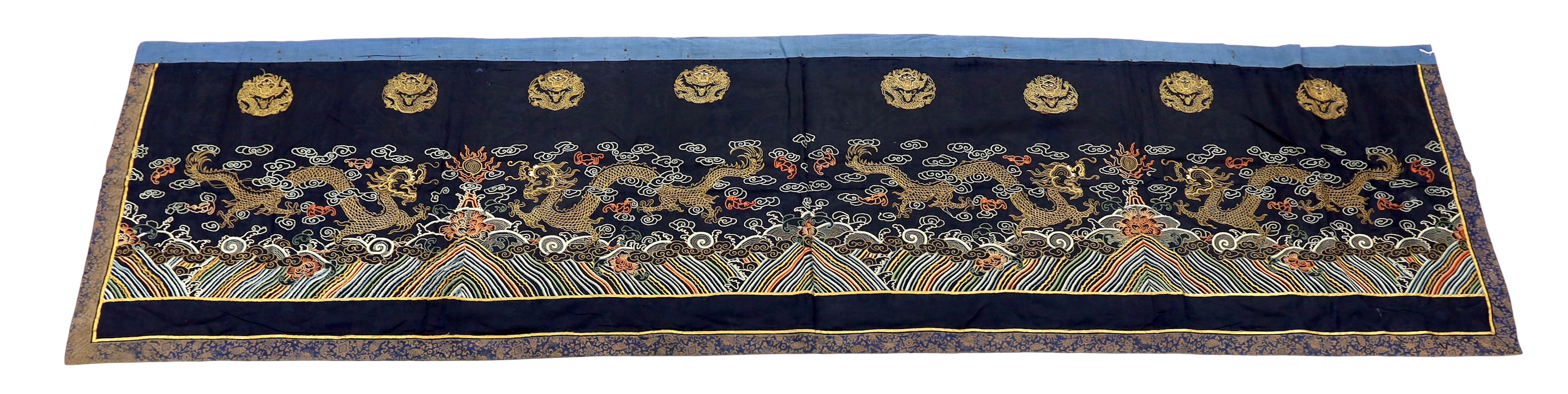 A Chinese long gauze gold dragon and multi-coloured embroidered altar cloth, with brocade borders, 290cm long x 78cm high